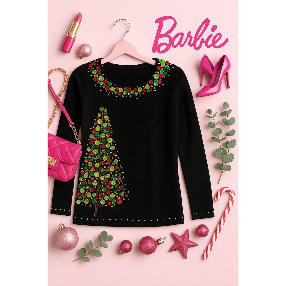 Berek Beaded Sequin Christmas Tree Sweater Black Ramie Cotton Small Holiday Top